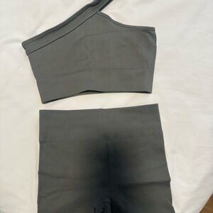 Gray One-Shoulder Ribbed Top and Bottom Set